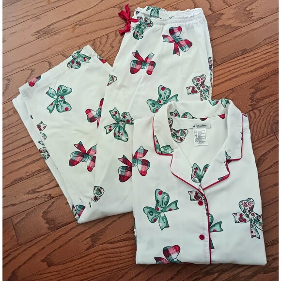 Disney Parks XMAS PJ Set Minnie Bows Cotton Flannel L/S Drawstring XL - Picture 1 of 9